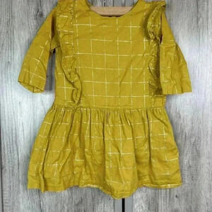 Tea Girls Dress Sz 6 Ruffle Mustard Yellow Metallic Thread Flutter Sleeve Cotton